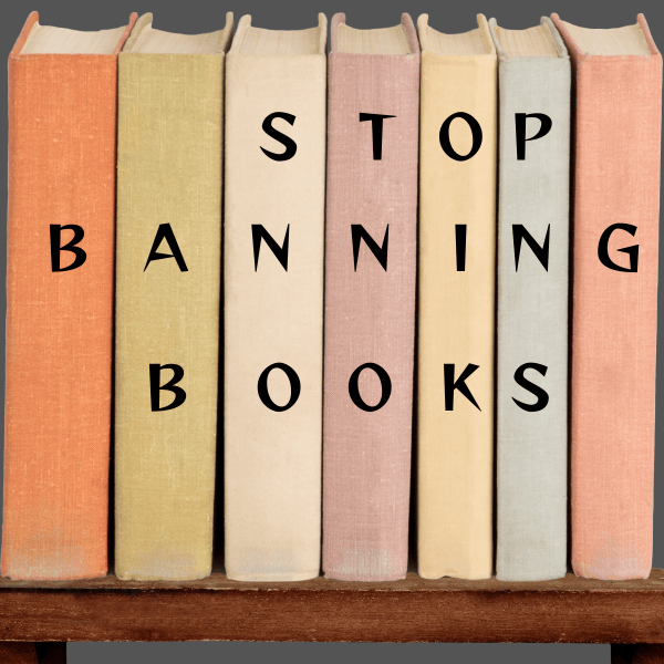 Spines of books spell out "Stop banning books."