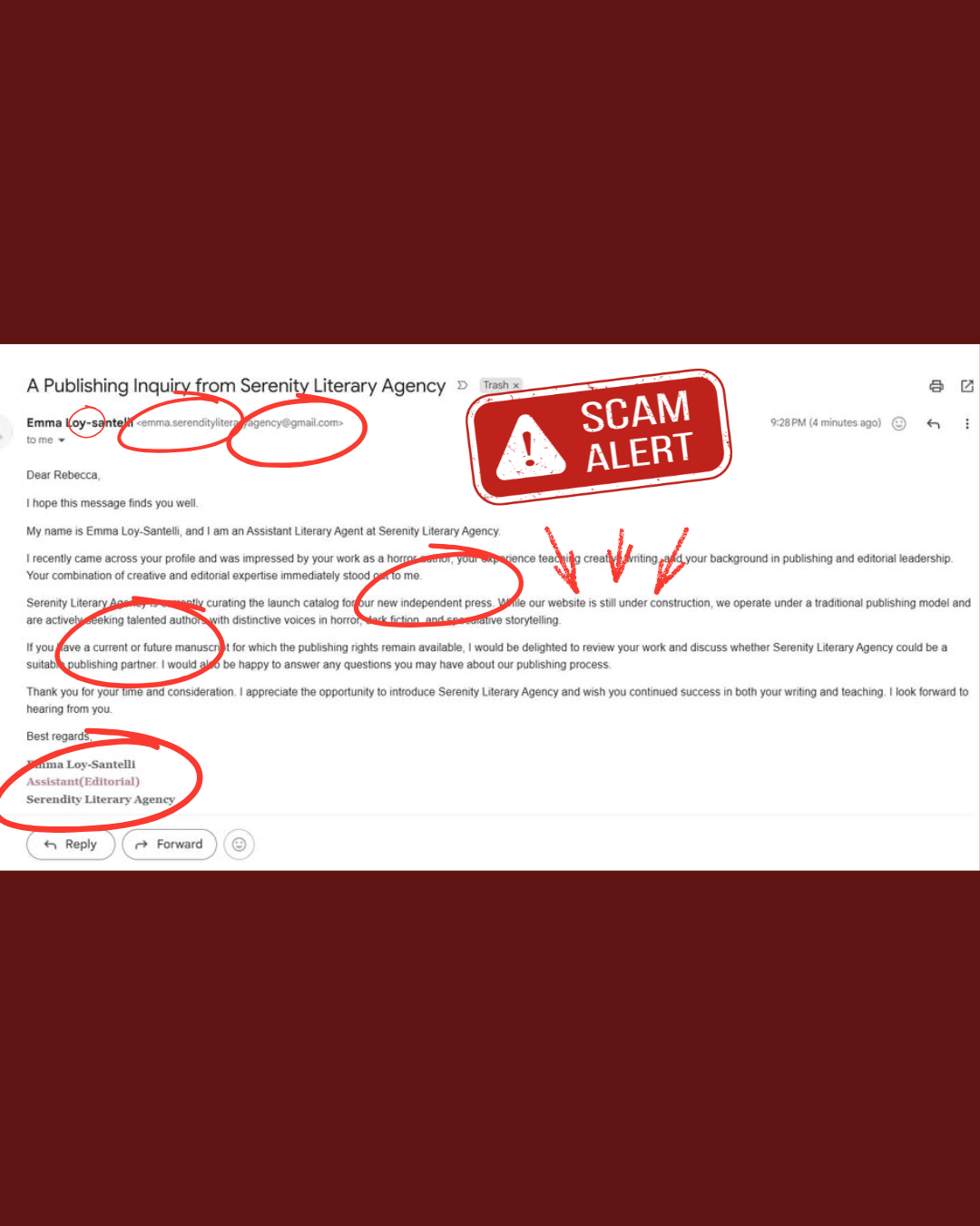 An image of a scam email from someone claiming to be a literary agent, marked up with red circles pointing out some of the problems with the email.